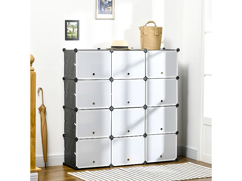 Meuble de rangement - meuble à chaussures modulable 12 casiers avec portes et étagères - dim. 125L x 32l x 125H cm - PP noir blanc