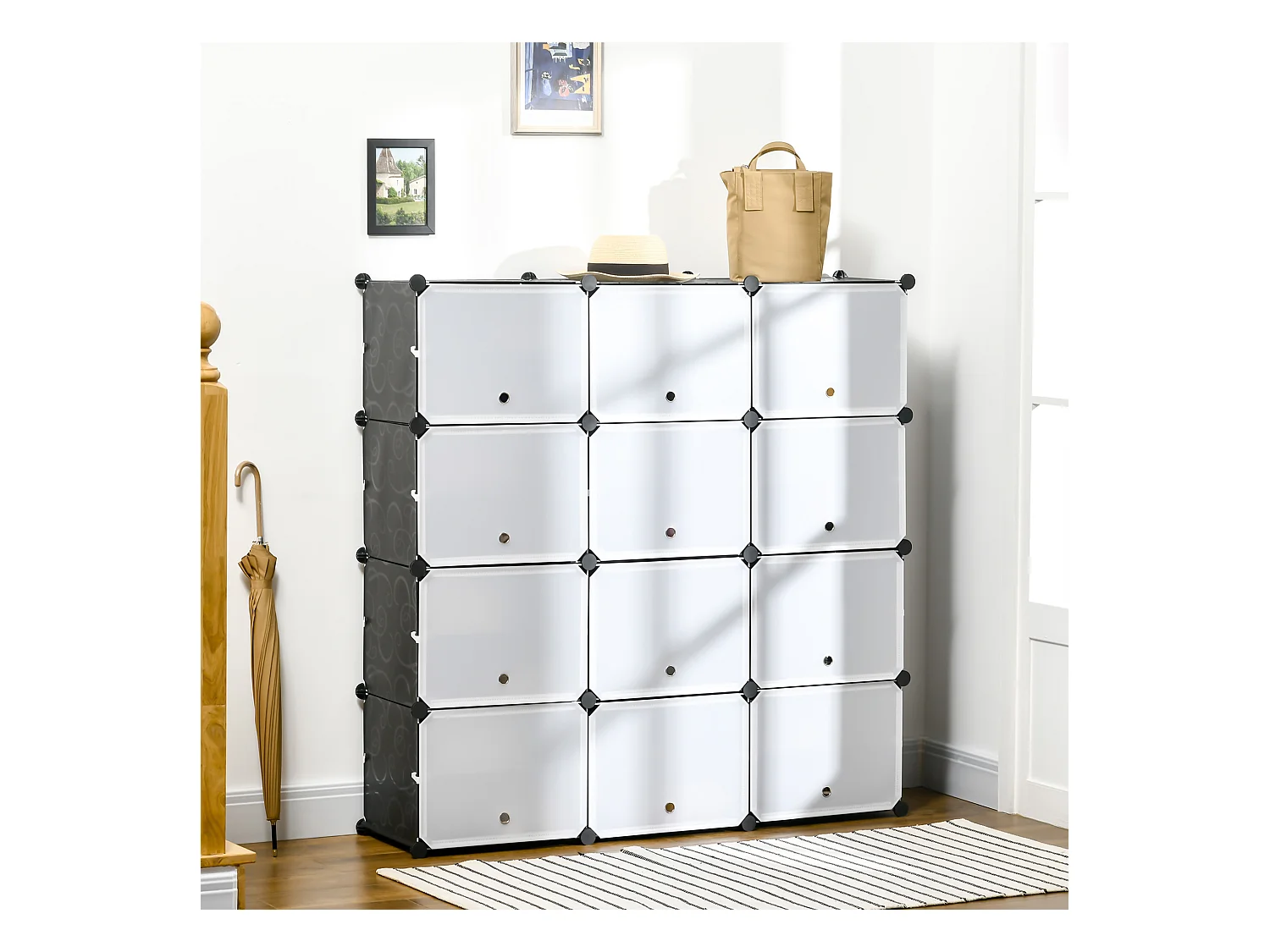 Meuble de rangement - meuble à chaussures modulable 12 casiers avec portes et étagères - dim. 125L x 32l x 125H cm - PP noir blanc