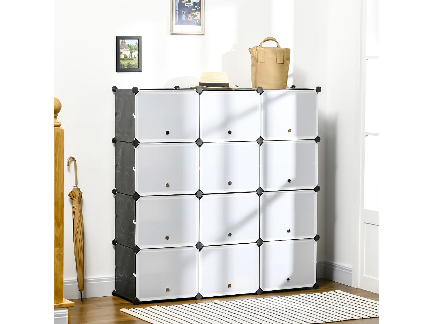 Meuble de rangement - meuble à chaussures modulable 12 casiers avec portes et étagères - dim. 125L x 32l x 125H cm - PP noir blanc
