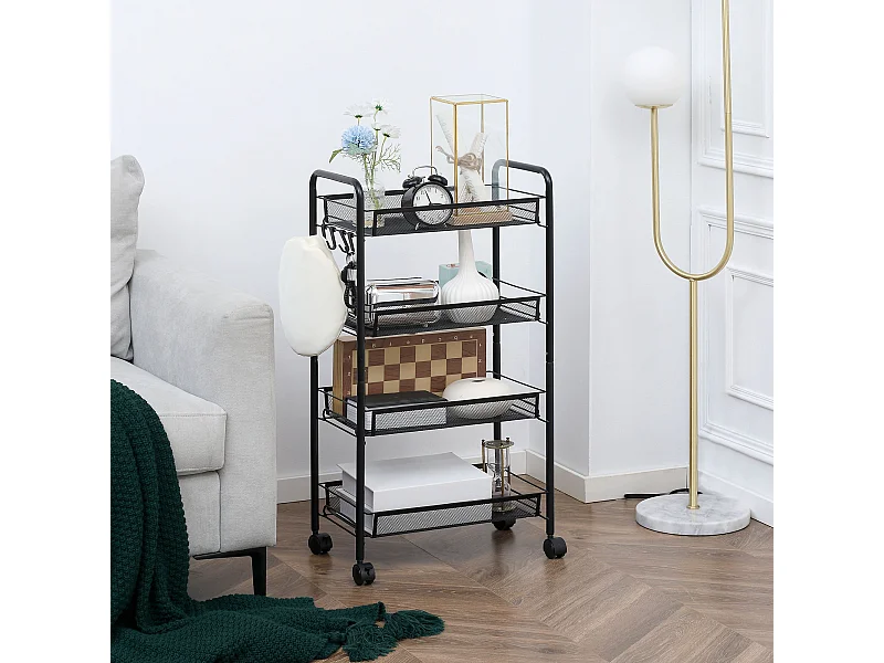 Chariot de service desserte de cuisine à roulettes 4 paniers métalliques amovibles 4 crochets acier noir