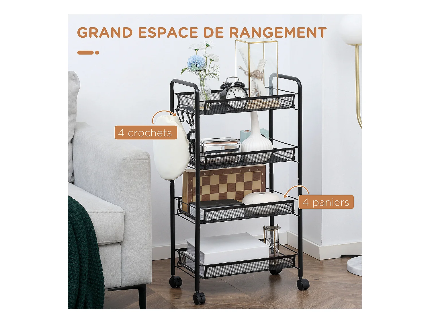 Chariot de service desserte de cuisine à roulettes 4 paniers métalliques amovibles 4 crochets acier noir