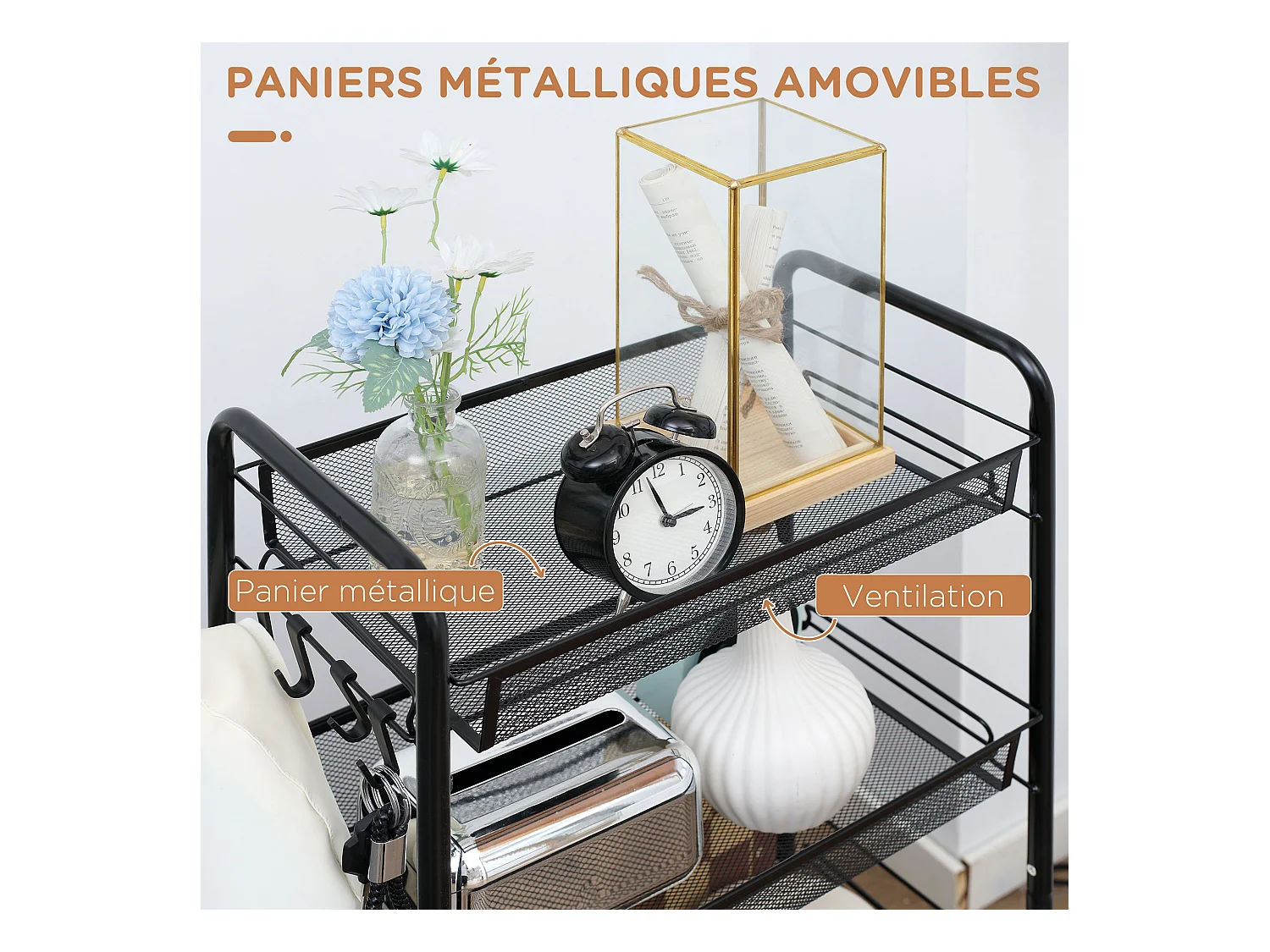 Chariot de service desserte de cuisine à roulettes 4 paniers métalliques amovibles 4 crochets acier noir