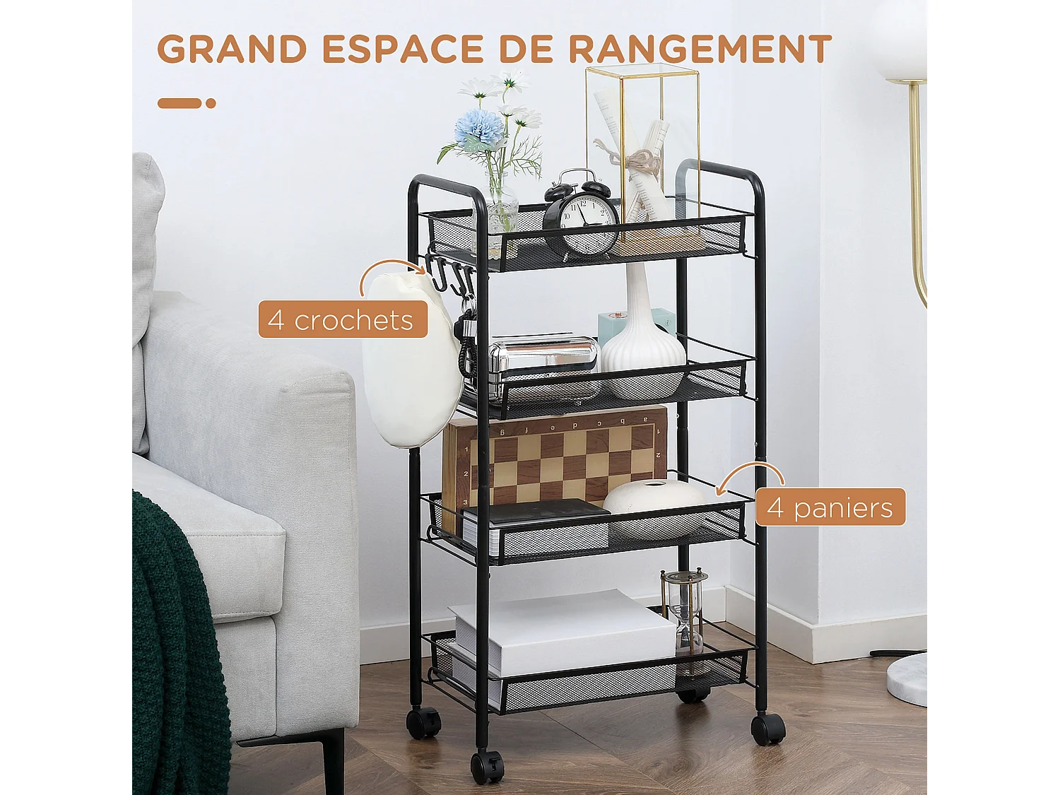 Chariot de service desserte de cuisine à roulettes 4 paniers métalliques amovibles 4 crochets acier noir