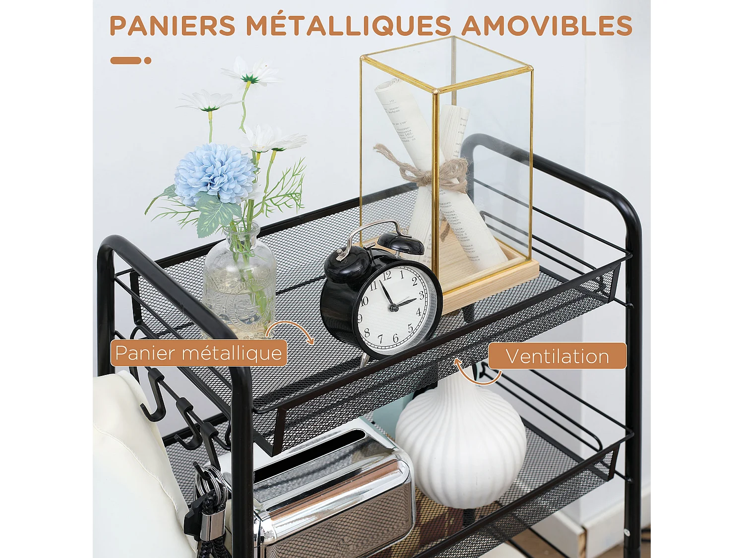 Chariot de service desserte de cuisine à roulettes 4 paniers métalliques amovibles 4 crochets acier noir