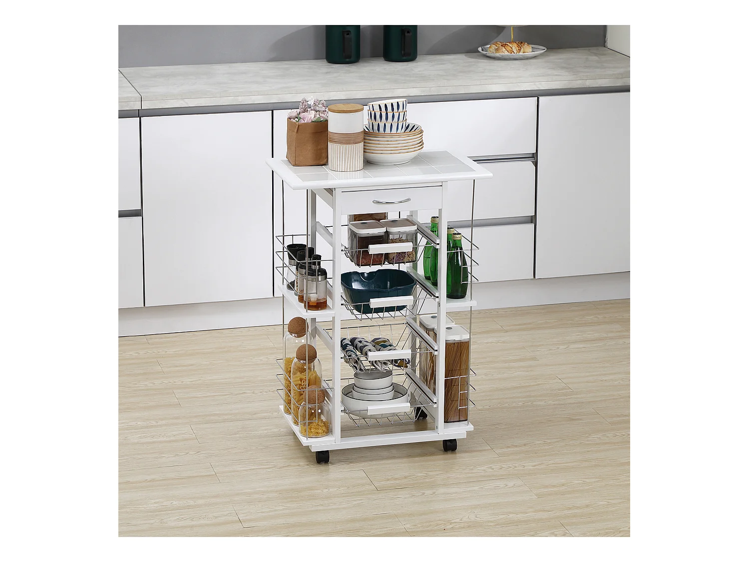 Chariot de service desserte de cuisine à roulettes multi-rangements 4 paniers métal tiroir + 4 range-bouteilles bois pin plateau carrelé blanc