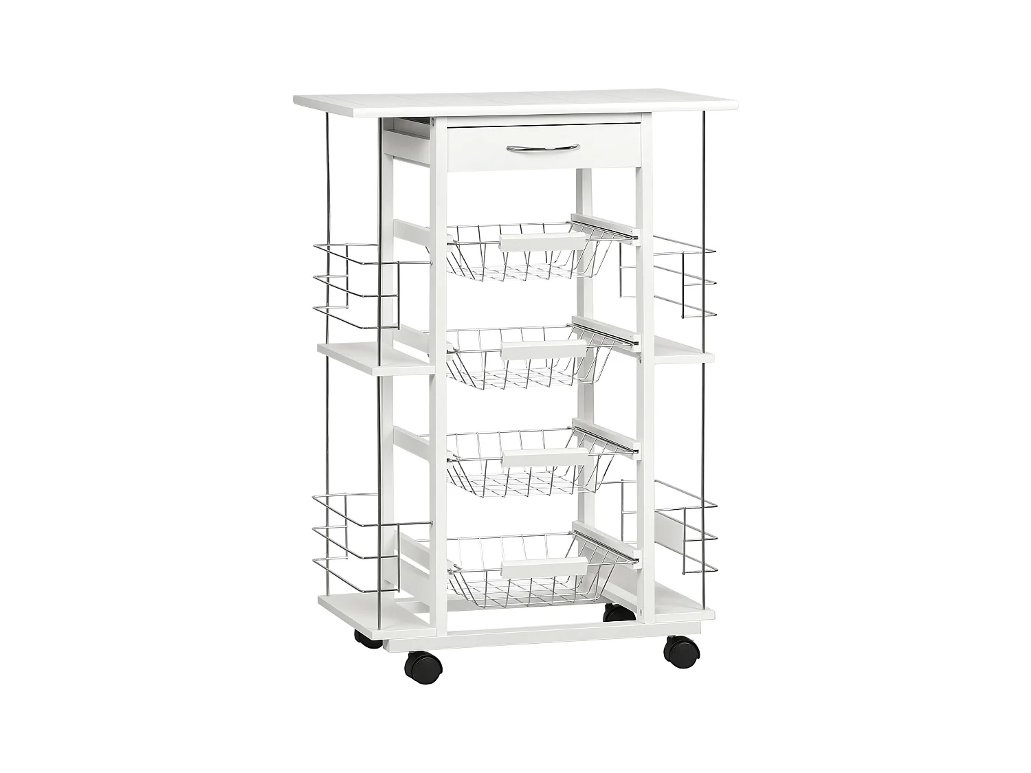 Chariot de service desserte de cuisine à roulettes multi-rangements 4 paniers métal tiroir + 4 range-bouteilles bois pin plateau carrelé blanc
