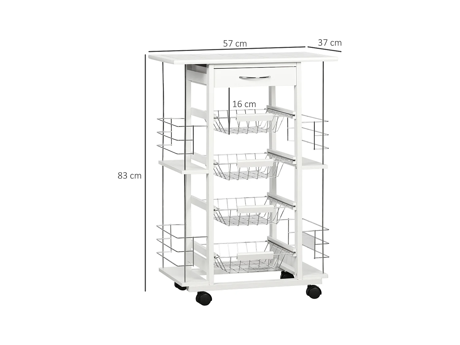 Chariot de service desserte de cuisine à roulettes multi-rangements 4 paniers métal tiroir + 4 range-bouteilles bois pin plateau carrelé blanc