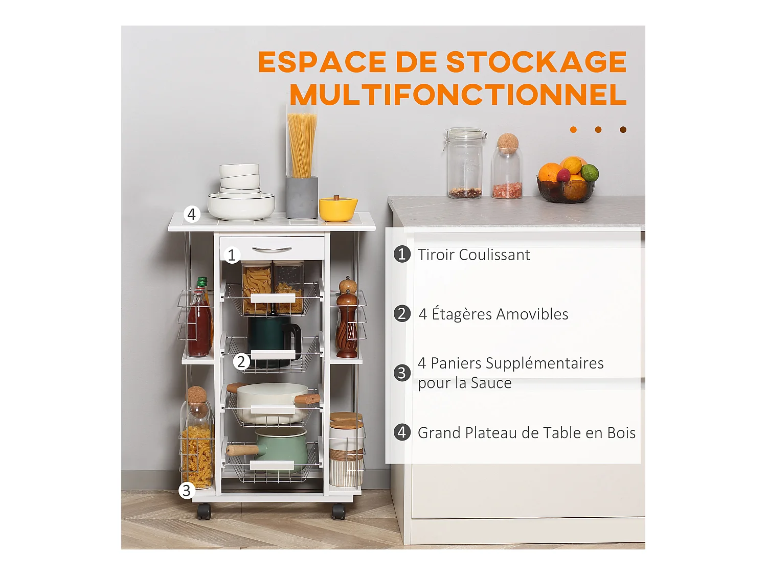Chariot de service desserte de cuisine à roulettes multi-rangements 4 paniers métal tiroir + 4 range-bouteilles bois pin plateau carrelé blanc