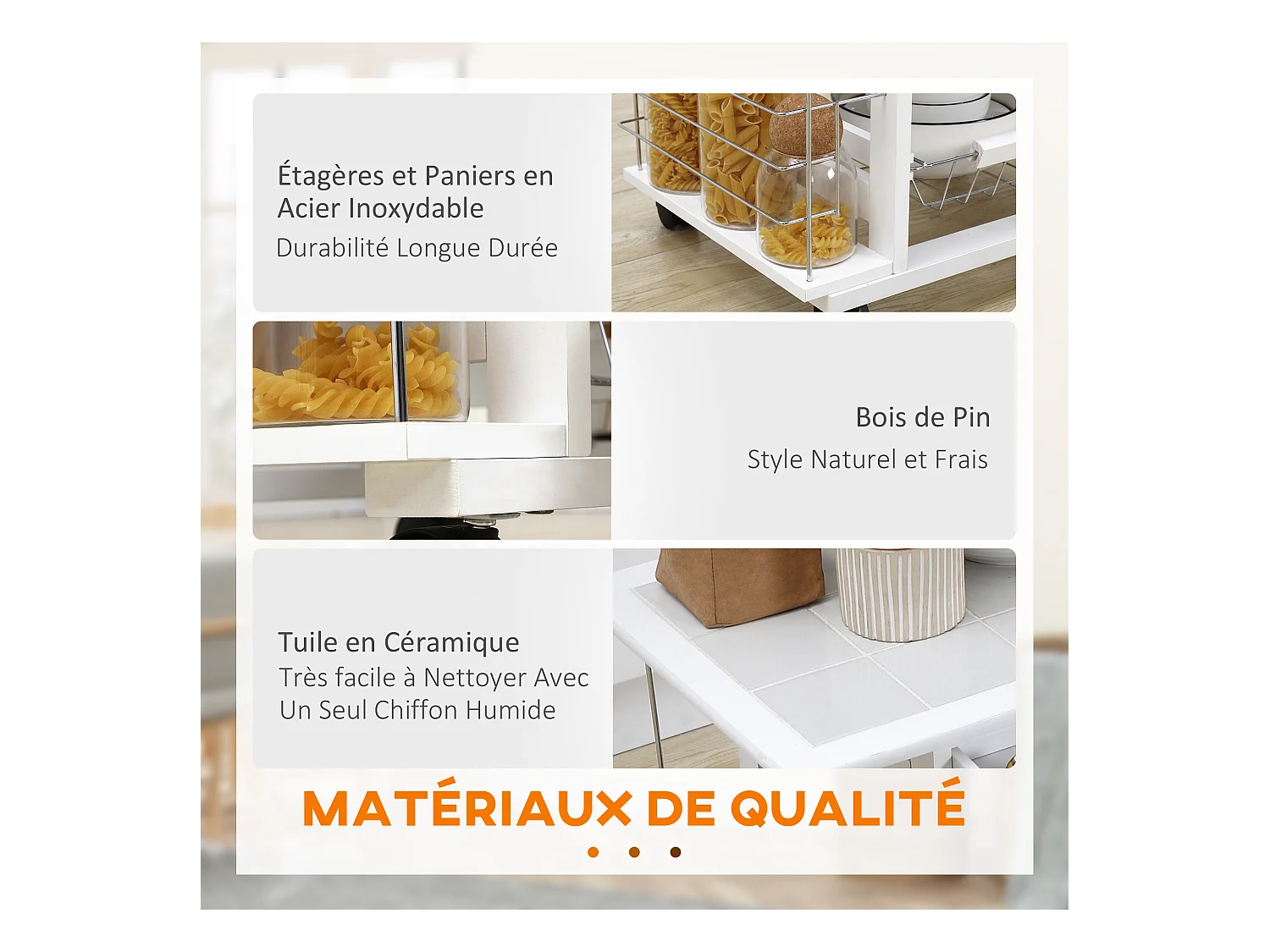 Chariot de service desserte de cuisine à roulettes multi-rangements 4 paniers métal tiroir + 4 range-bouteilles bois pin plateau carrelé blanc