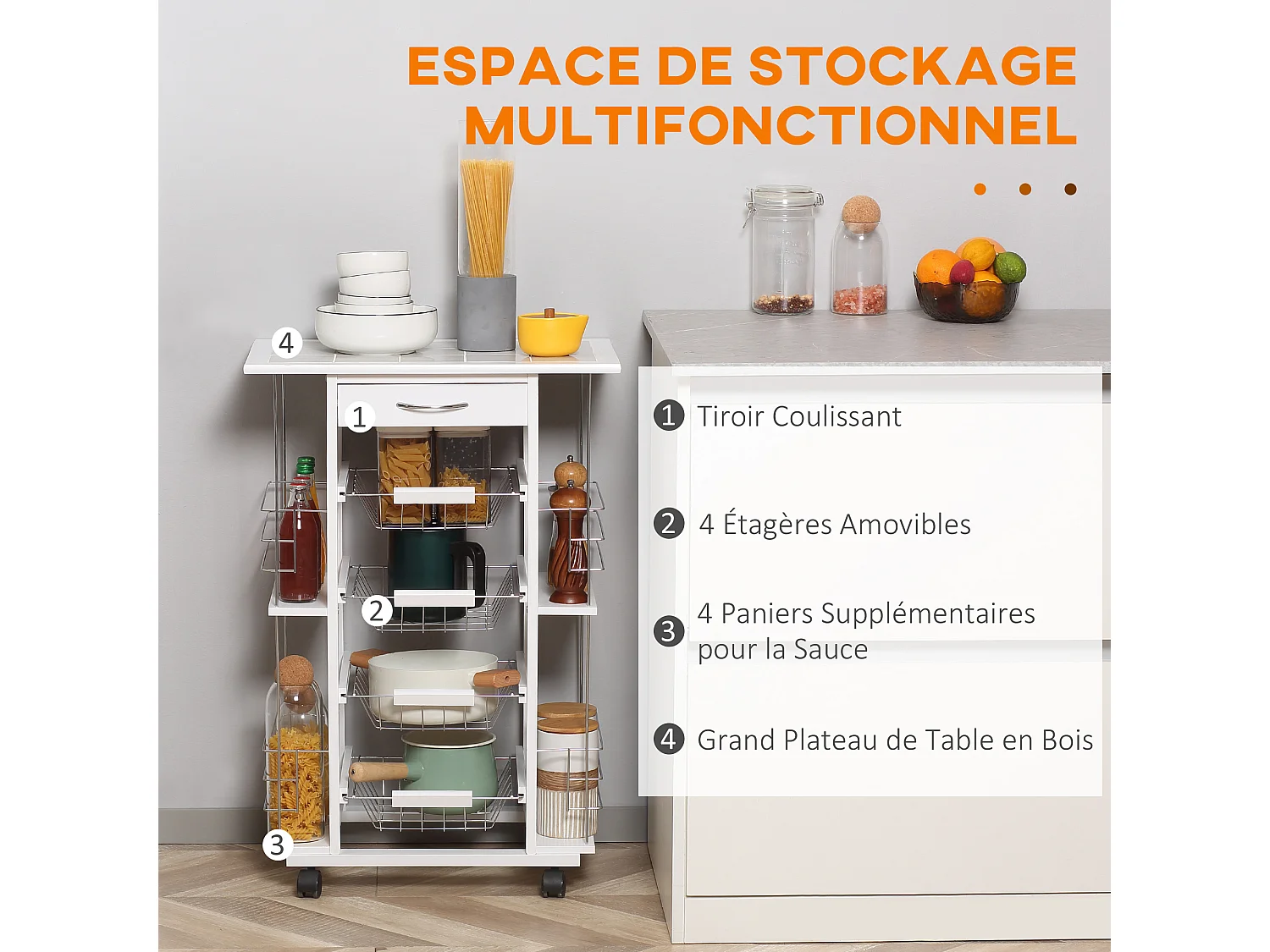 Chariot de service desserte de cuisine à roulettes multi-rangements 4 paniers métal tiroir + 4 range-bouteilles bois pin plateau carrelé blanc