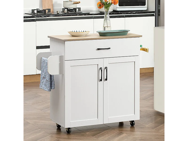 Desserte de cuisine 2 portes avec étagère tiroir coulissant porte-torchons étagère épices blanc aspect chêne clair