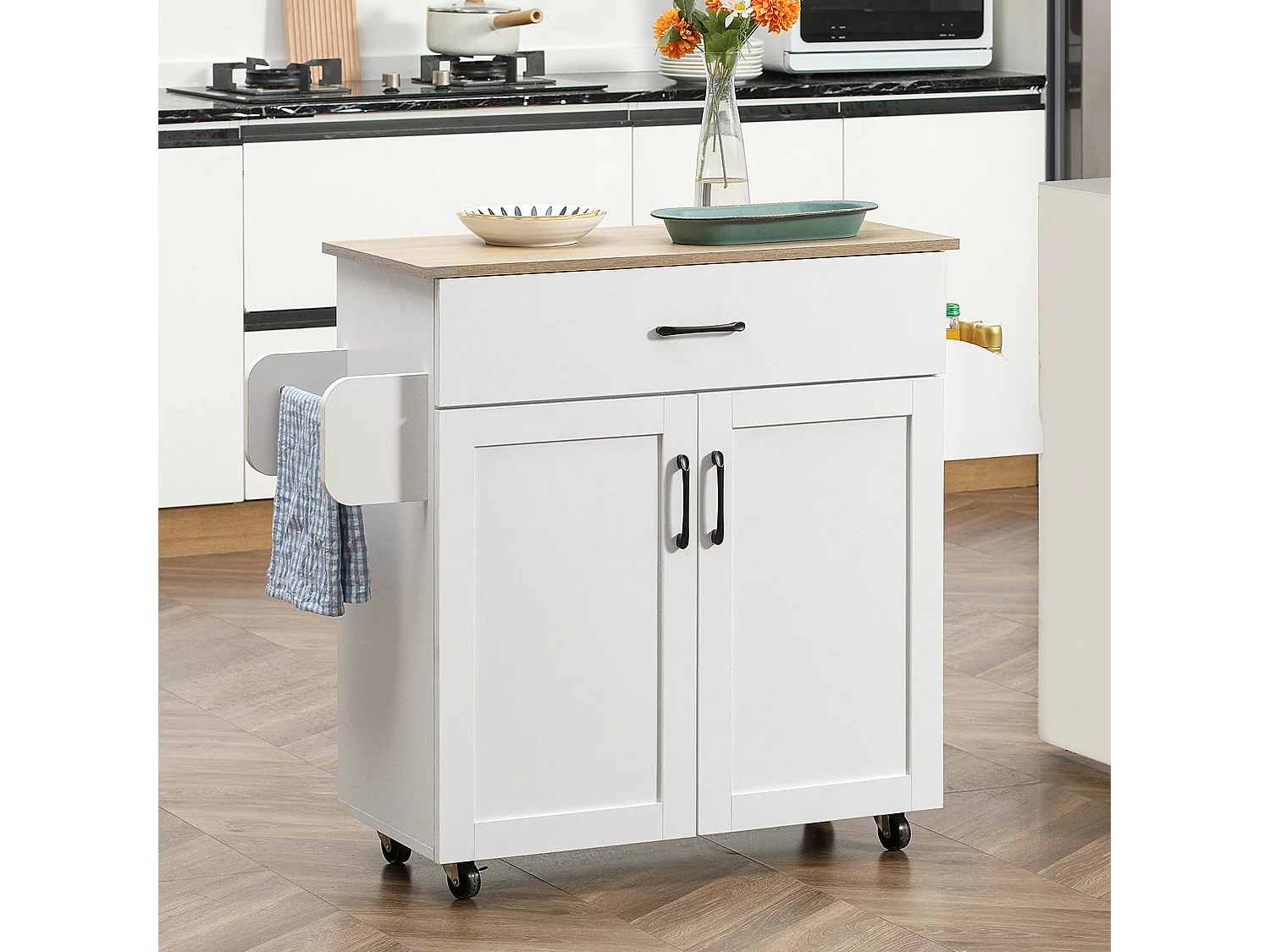 Desserte de cuisine 2 portes avec étagère tiroir coulissant porte-torchons étagère épices blanc aspect chêne clair