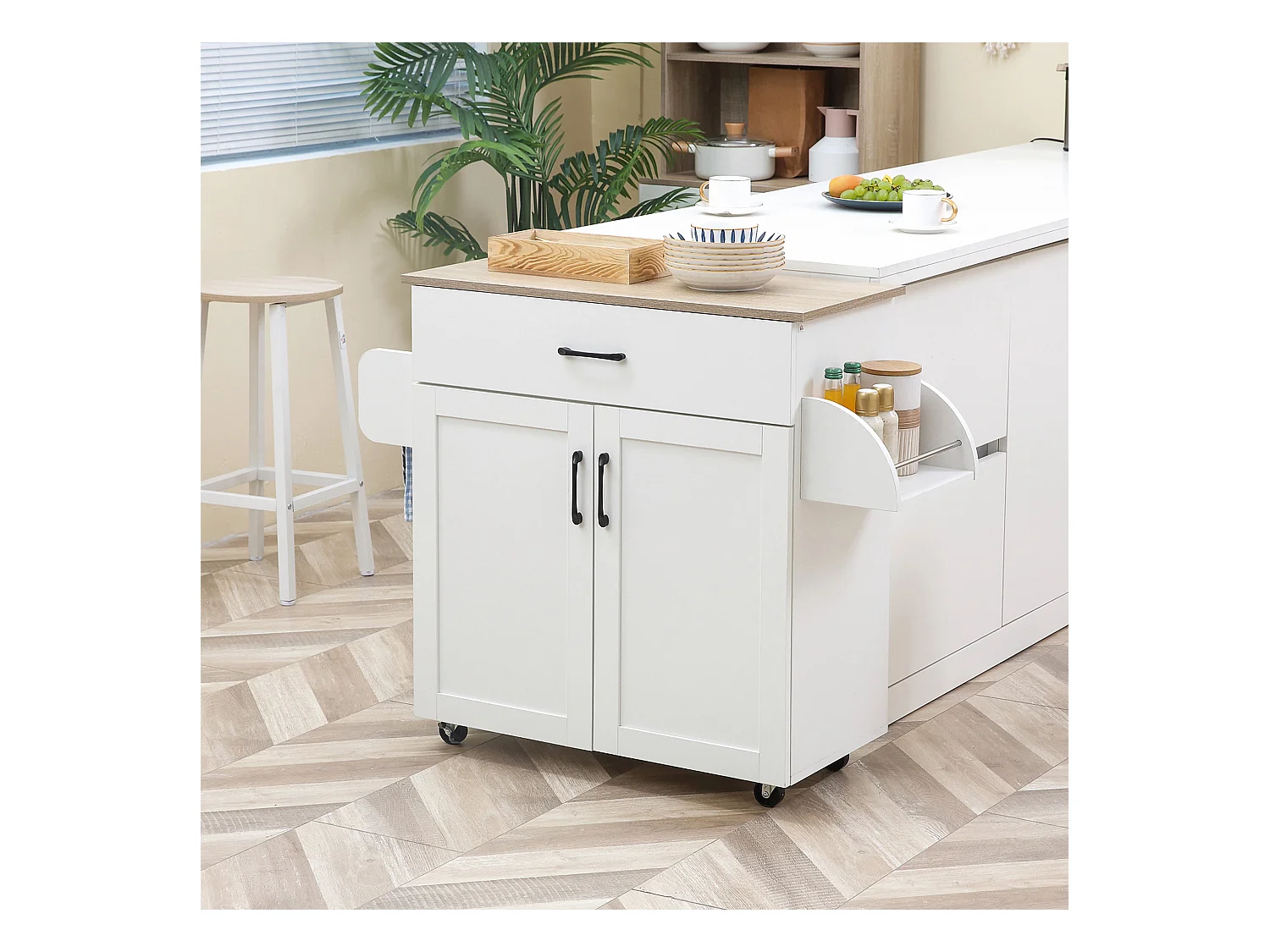 Desserte de cuisine 2 portes avec étagère tiroir coulissant porte-torchons étagère épices blanc aspect chêne clair