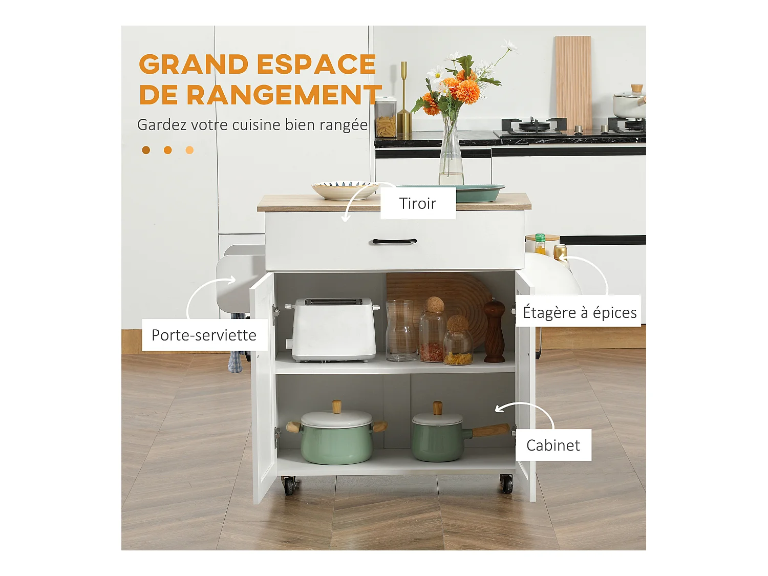 Desserte de cuisine 2 portes avec étagère tiroir coulissant porte-torchons étagère épices blanc aspect chêne clair