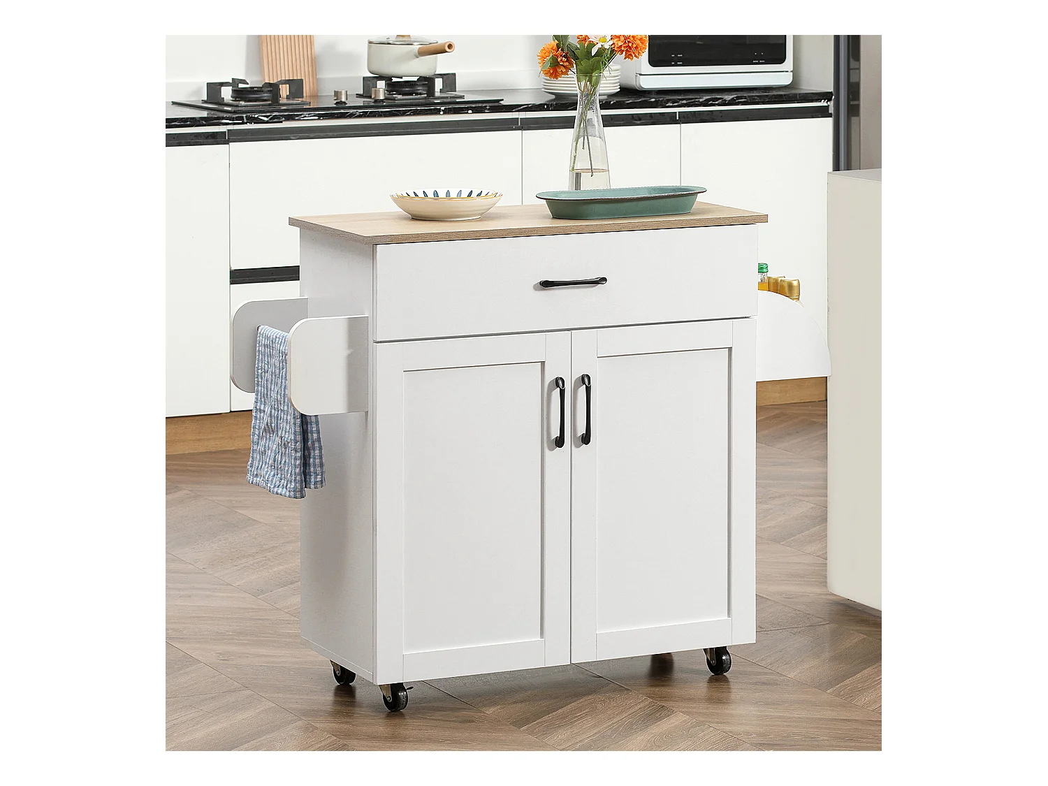 Desserte de cuisine 2 portes avec étagère tiroir coulissant porte-torchons étagère épices blanc aspect chêne clair