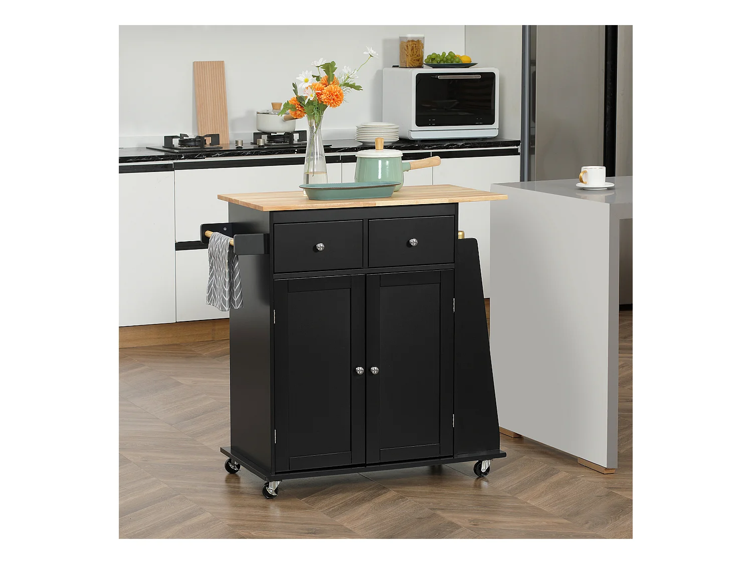 Desserte de cuisine multi rangements 2 tiroirs placard 2 portes avec étagère 3 range-bouteilles porte-torchons MDF noir hévéa