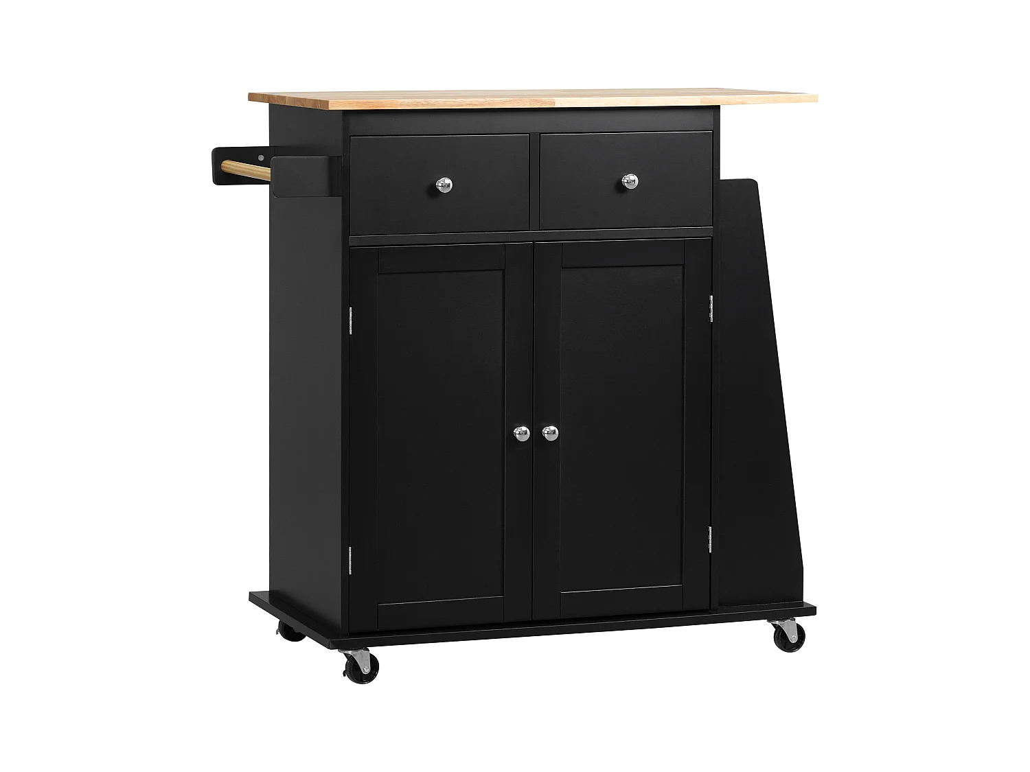 Desserte de cuisine multi rangements 2 tiroirs placard 2 portes avec étagère 3 range-bouteilles porte-torchons MDF noir hévéa