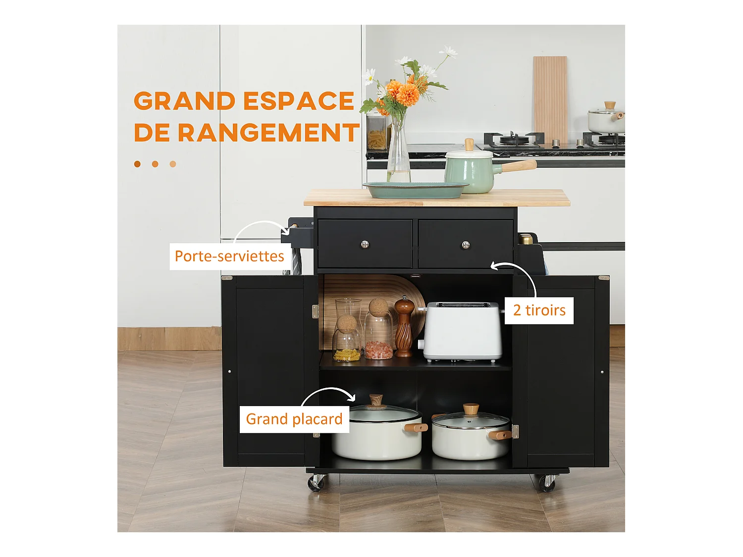 Desserte de cuisine multi rangements 2 tiroirs placard 2 portes avec étagère 3 range-bouteilles porte-torchons MDF noir hévéa