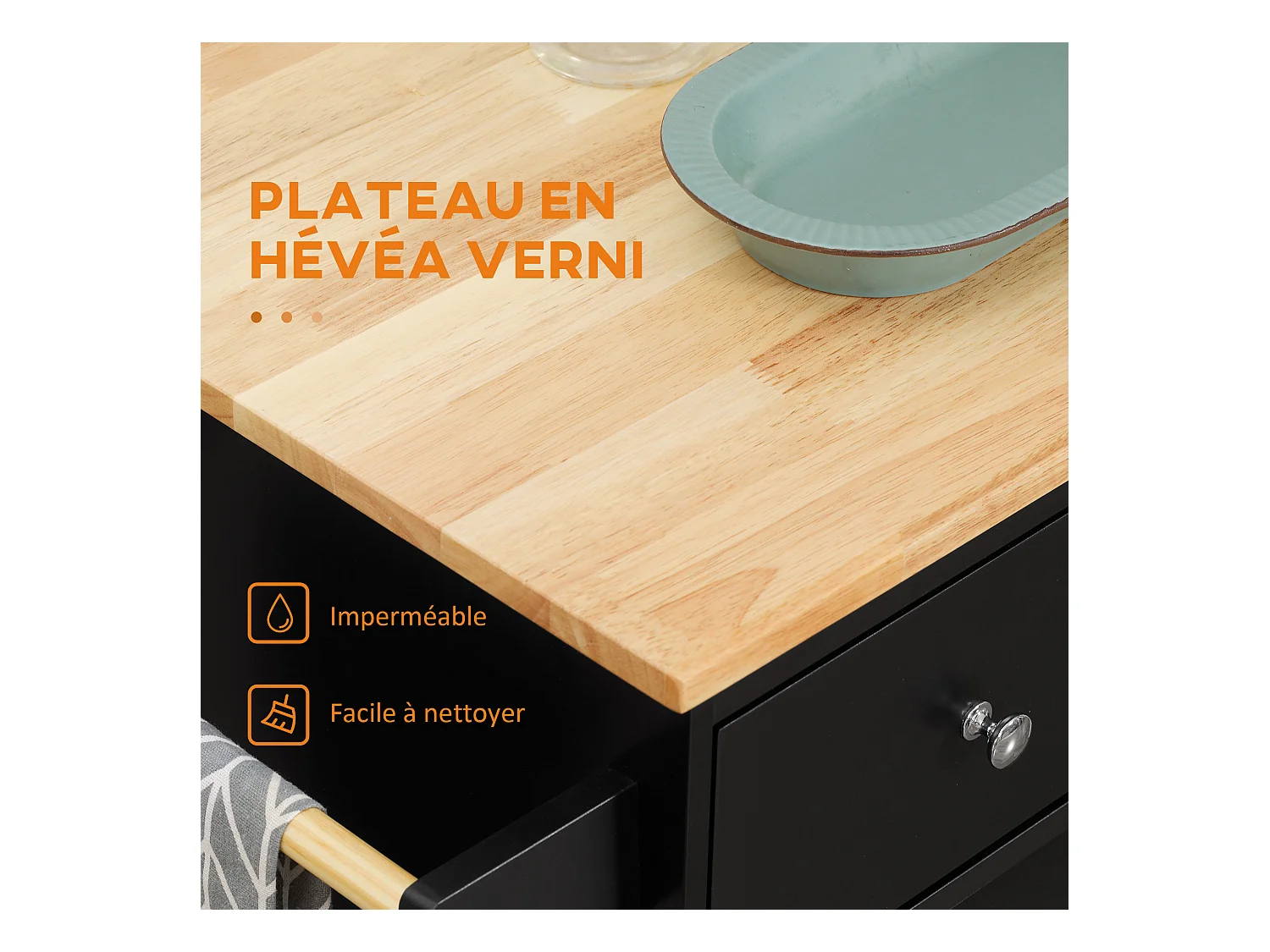 Desserte de cuisine multi rangements 2 tiroirs placard 2 portes avec étagère 3 range-bouteilles porte-torchons MDF noir hévéa