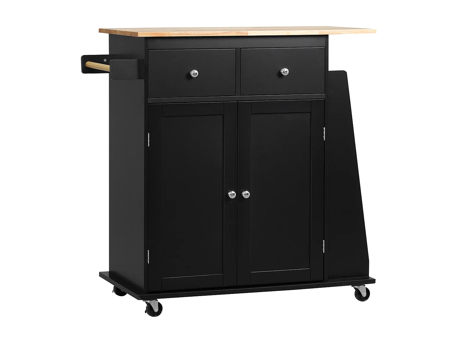 Desserte de cuisine multi rangements 2 tiroirs placard 2 portes avec étagère 3 range-bouteilles porte-torchons MDF noir hévéa