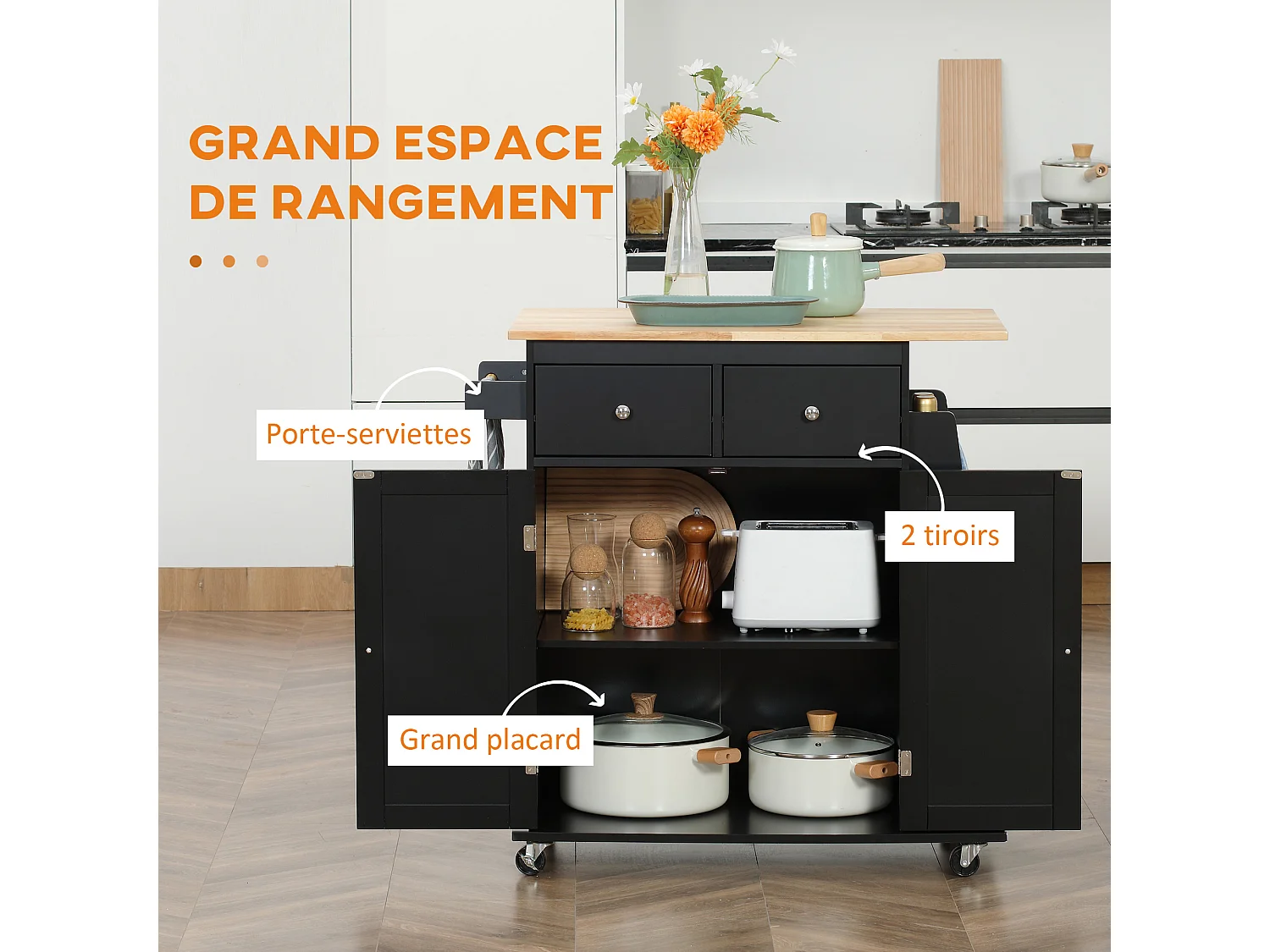 Desserte de cuisine multi rangements 2 tiroirs placard 2 portes avec étagère 3 range-bouteilles porte-torchons MDF noir hévéa