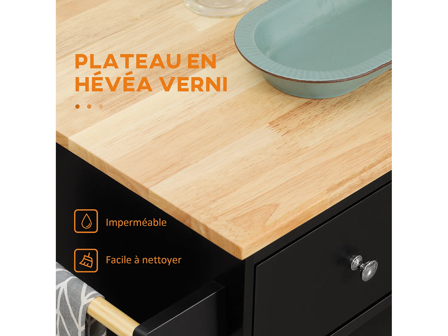Desserte de cuisine multi rangements 2 tiroirs placard 2 portes avec étagère 3 range-bouteilles porte-torchons MDF noir hévéa