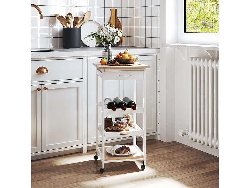 Chariot de service desserte de cuisine à roulettes 2 étagères + plateau amovible + tiroir bois de pin MDF blanc chêne clair