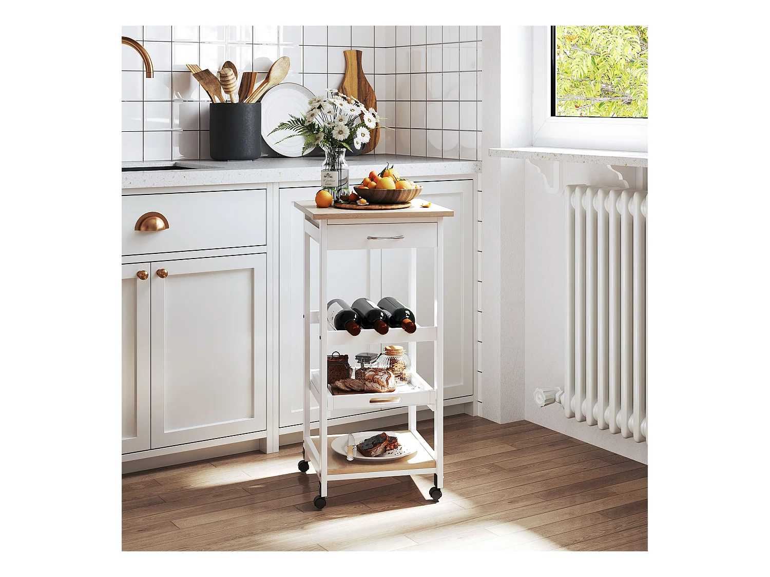 Chariot de service desserte de cuisine à roulettes 2 étagères + plateau amovible + tiroir bois de pin MDF blanc chêne clair