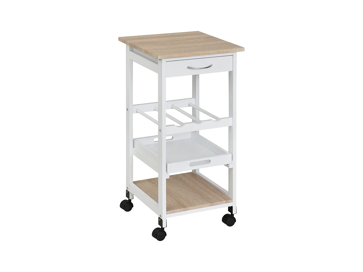 Chariot de service desserte de cuisine à roulettes 2 étagères + plateau amovible + tiroir bois de pin MDF blanc chêne clair