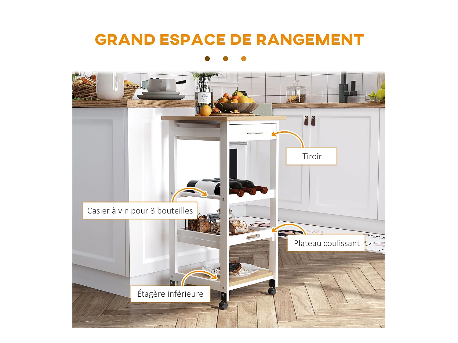 Chariot de service desserte de cuisine à roulettes 2 étagères + plateau amovible + tiroir bois de pin MDF blanc chêne clair