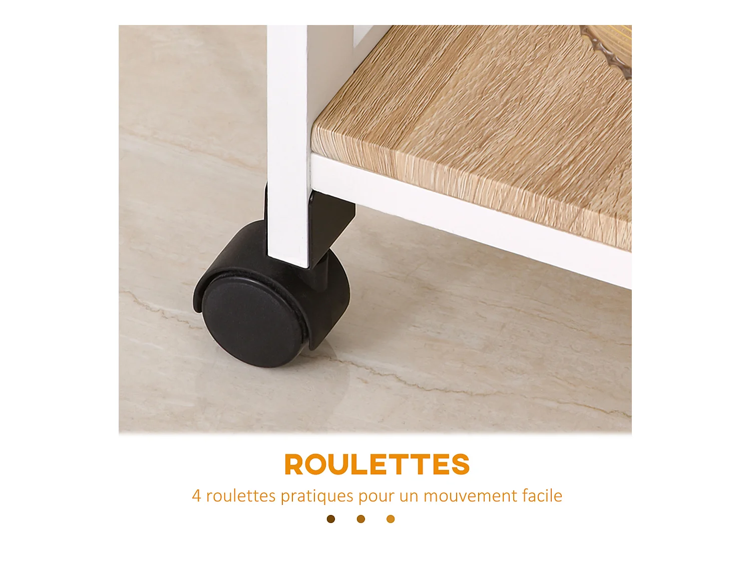 Chariot de service desserte de cuisine à roulettes 2 étagères + plateau amovible + tiroir bois de pin MDF blanc chêne clair