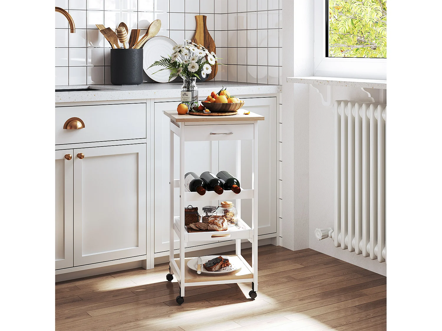 Chariot de service desserte de cuisine à roulettes 2 étagères + plateau amovible + tiroir bois de pin MDF blanc chêne clair