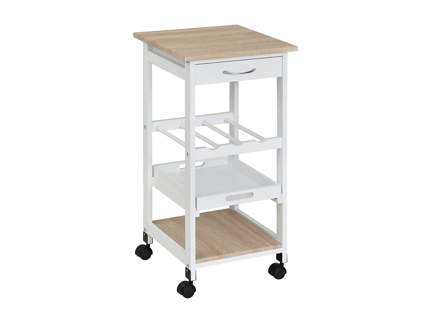 Chariot de service desserte de cuisine à roulettes 2 étagères + plateau amovible + tiroir bois de pin MDF blanc chêne clair