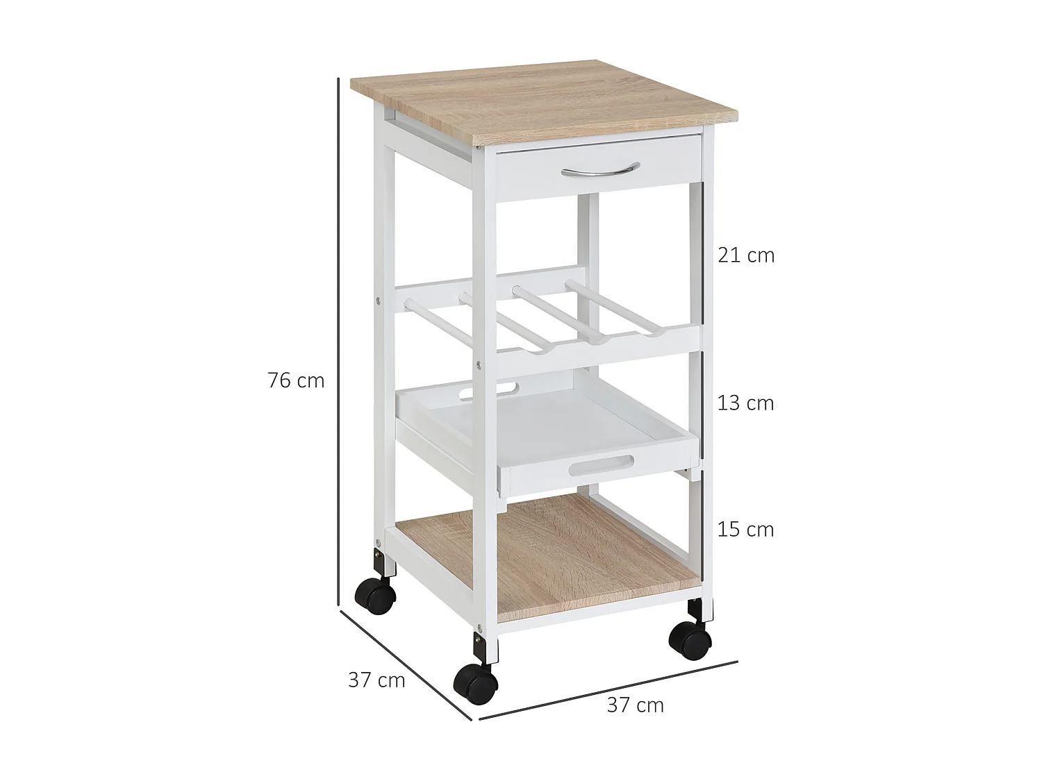 Chariot de service desserte de cuisine à roulettes 2 étagères + plateau amovible + tiroir bois de pin MDF blanc chêne clair