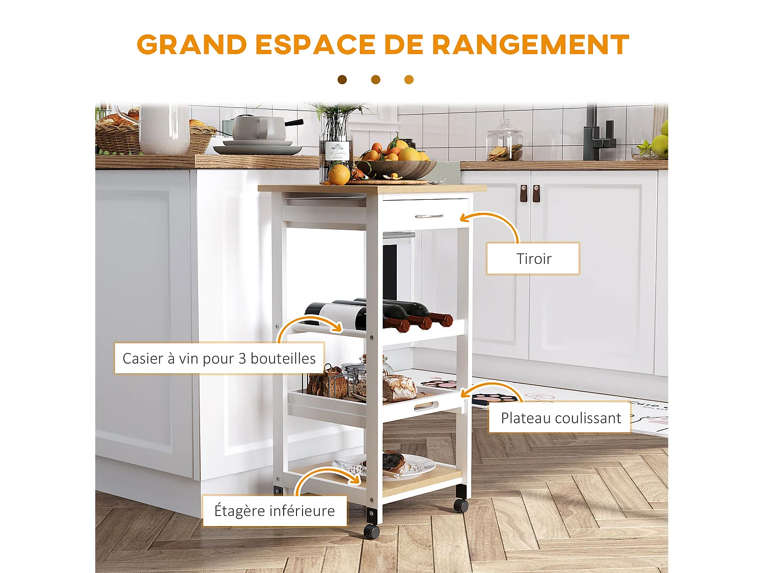 Chariot de service desserte de cuisine à roulettes 2 étagères + plateau amovible + tiroir bois de pin MDF blanc chêne clair