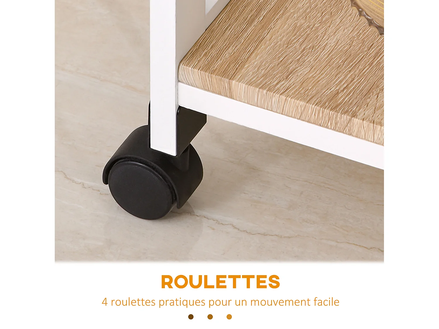 Chariot de service desserte de cuisine à roulettes 2 étagères + plateau amovible + tiroir bois de pin MDF blanc chêne clair
