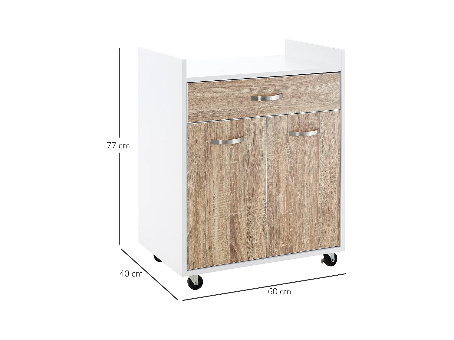 Chariot de service desserte de cuisine à roulettes tiroir placard 2 portes étagère panneaux particules blanc aspect chêne clair