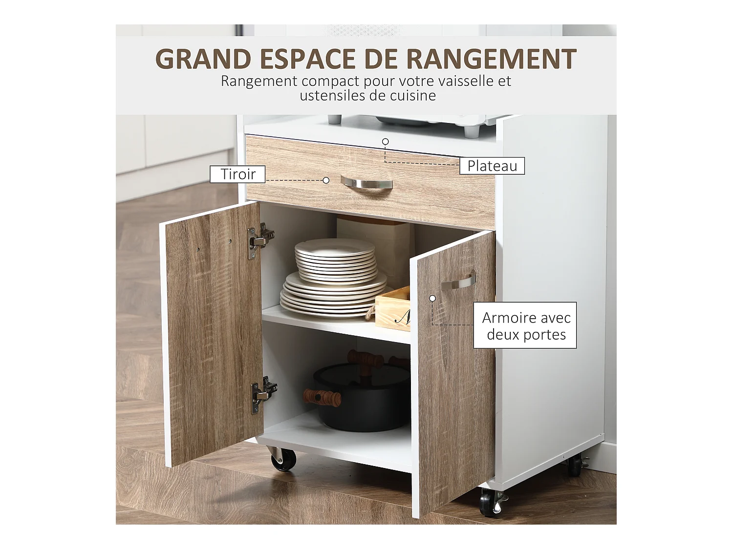 Chariot de service desserte de cuisine à roulettes tiroir placard 2 portes étagère panneaux particules blanc aspect chêne clair
