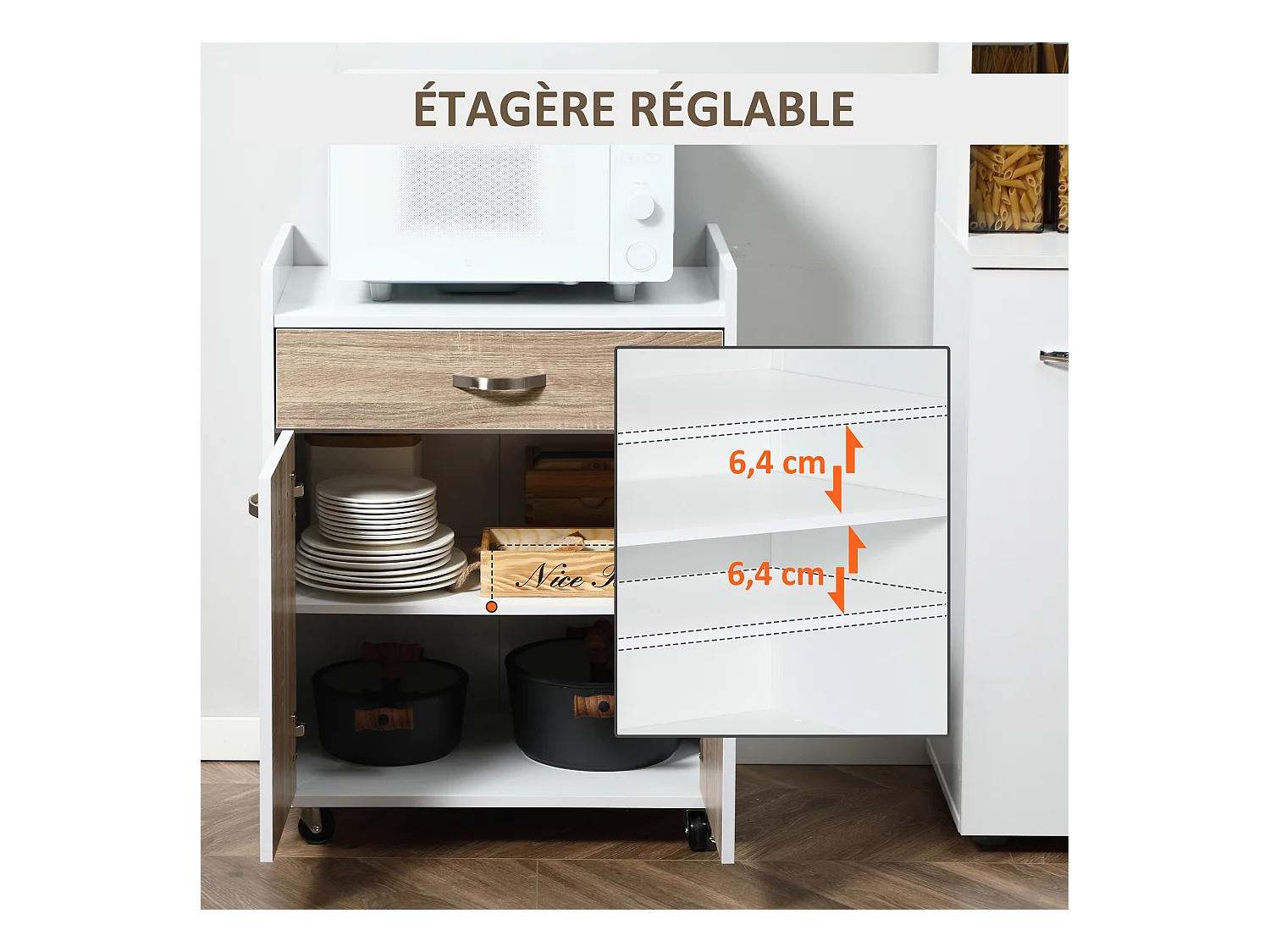 Chariot de service desserte de cuisine à roulettes tiroir placard 2 portes étagère panneaux particules blanc aspect chêne clair