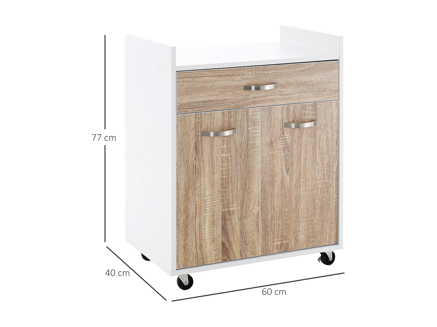 Chariot de service desserte de cuisine à roulettes tiroir placard 2 portes étagère blanc aspect chêne clair