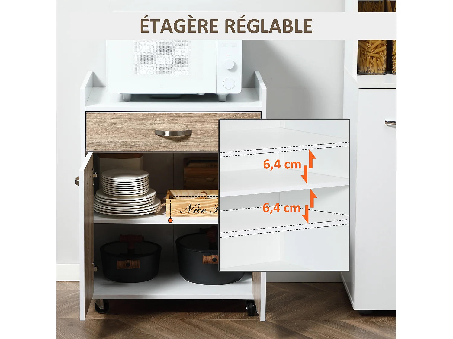 Chariot de service desserte de cuisine à roulettes tiroir placard 2 portes étagère blanc aspect chêne clair