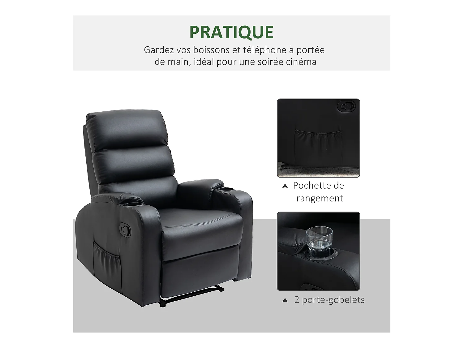 Fauteuil de relaxation inclinable avec repose-pied ajustable revêtement synthétique noir