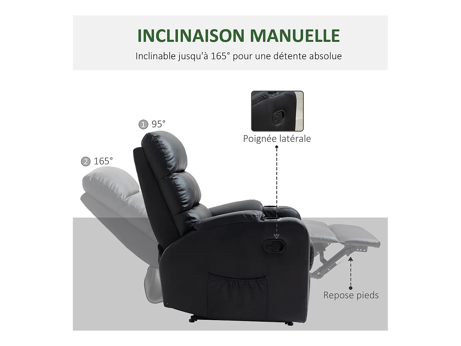Fauteuil de relaxation inclinable avec repose-pied ajustable revêtement synthétique noir