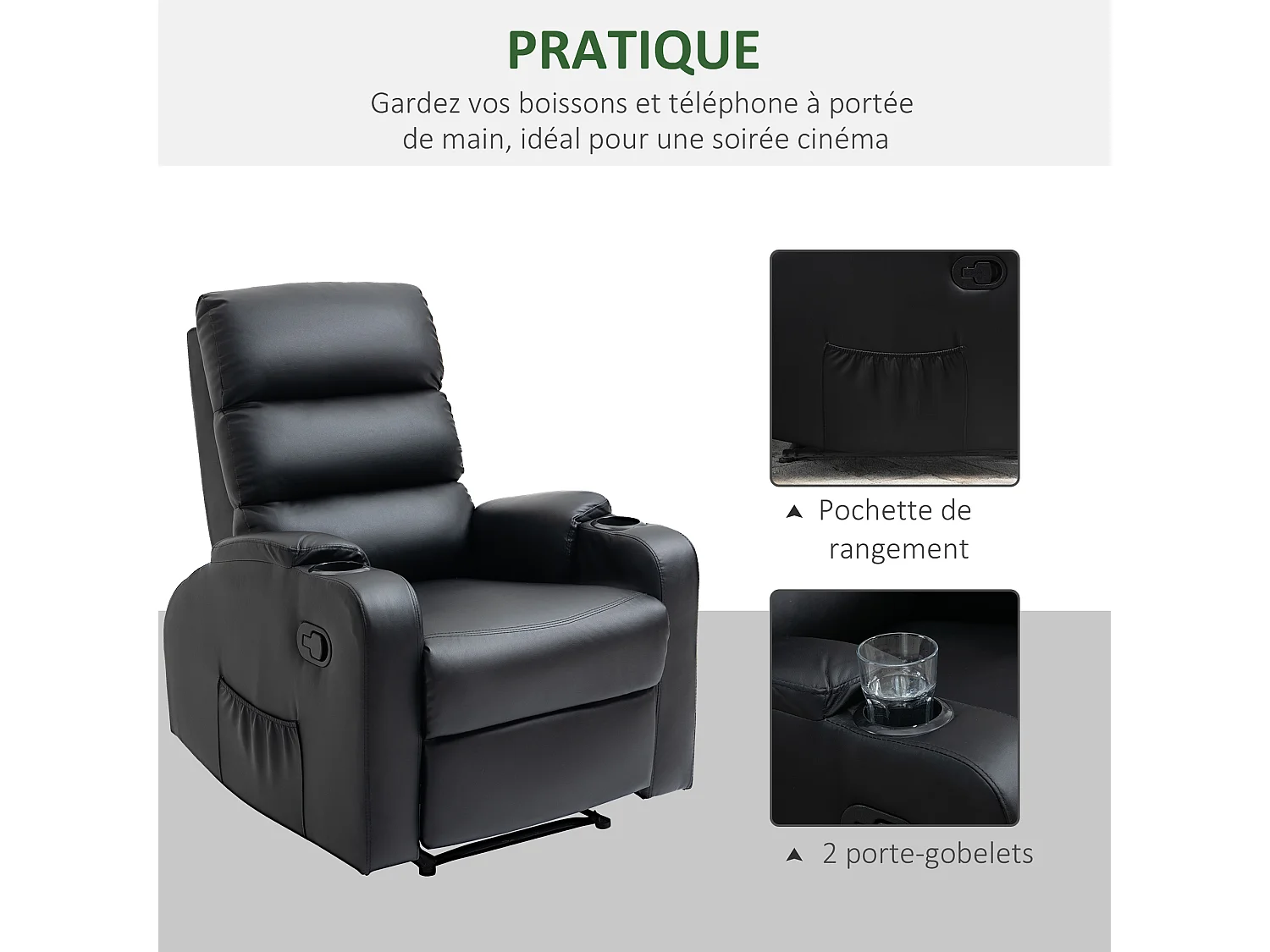 Fauteuil de relaxation inclinable avec repose-pied ajustable revêtement synthétique noir