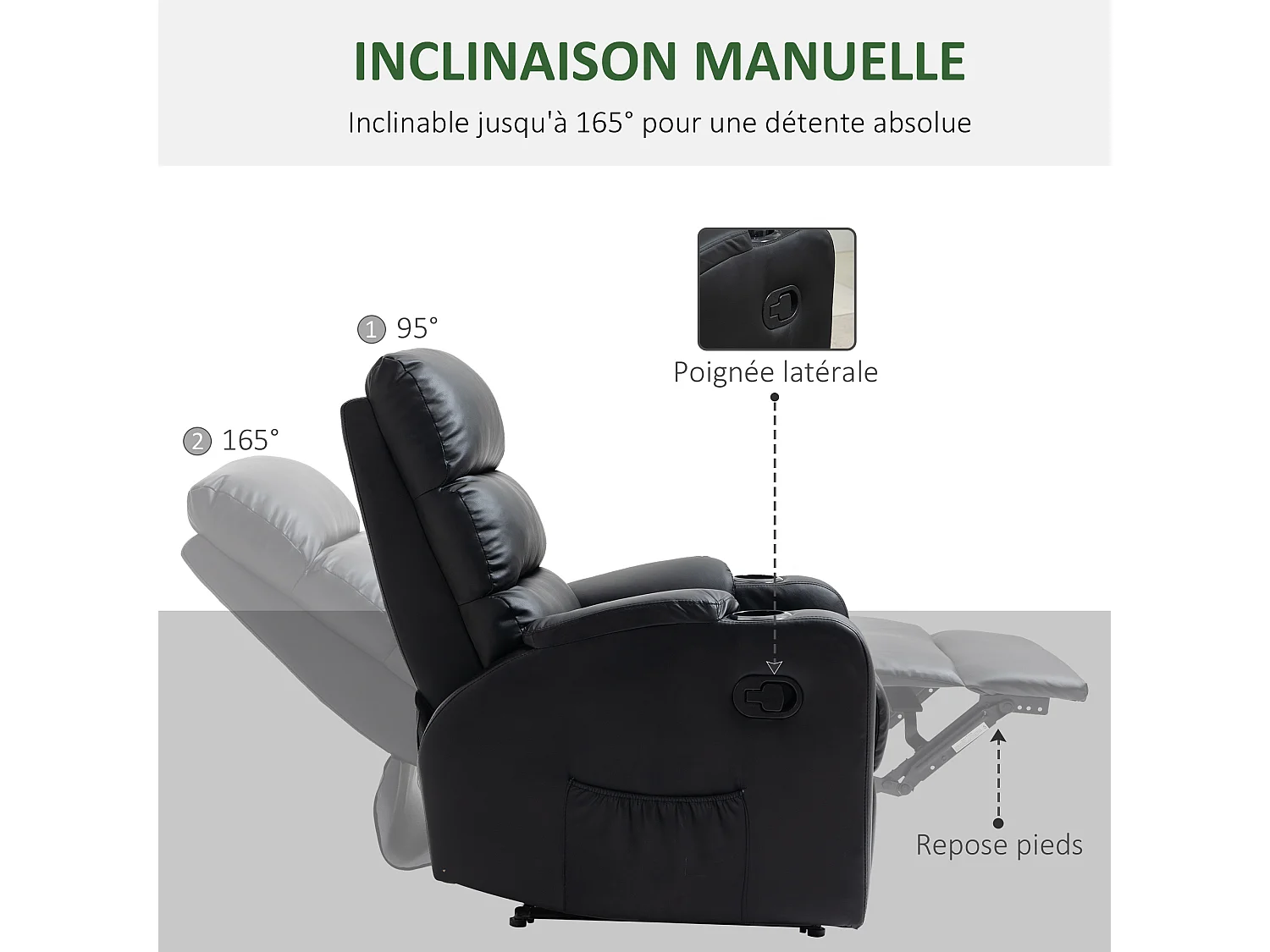 Fauteuil de relaxation inclinable avec repose-pied ajustable revêtement synthétique noir