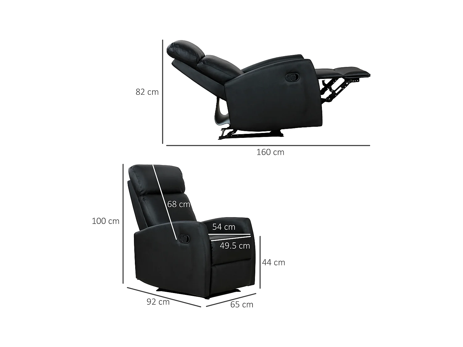 Fauteuil de relaxation inclinable 170° avec repose-pied ajustable revêtement synthétique noir