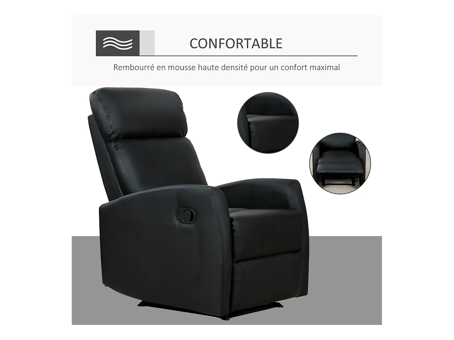 Fauteuil de relaxation inclinable 170° avec repose-pied ajustable revêtement synthétique noir