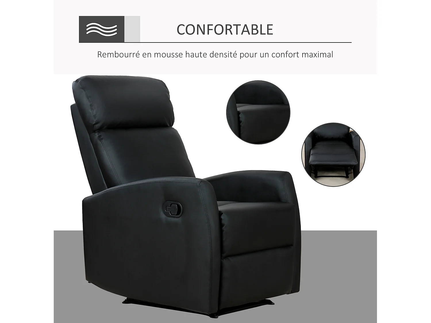Fauteuil de relaxation inclinable 170° avec repose-pied ajustable revêtement synthétique noir