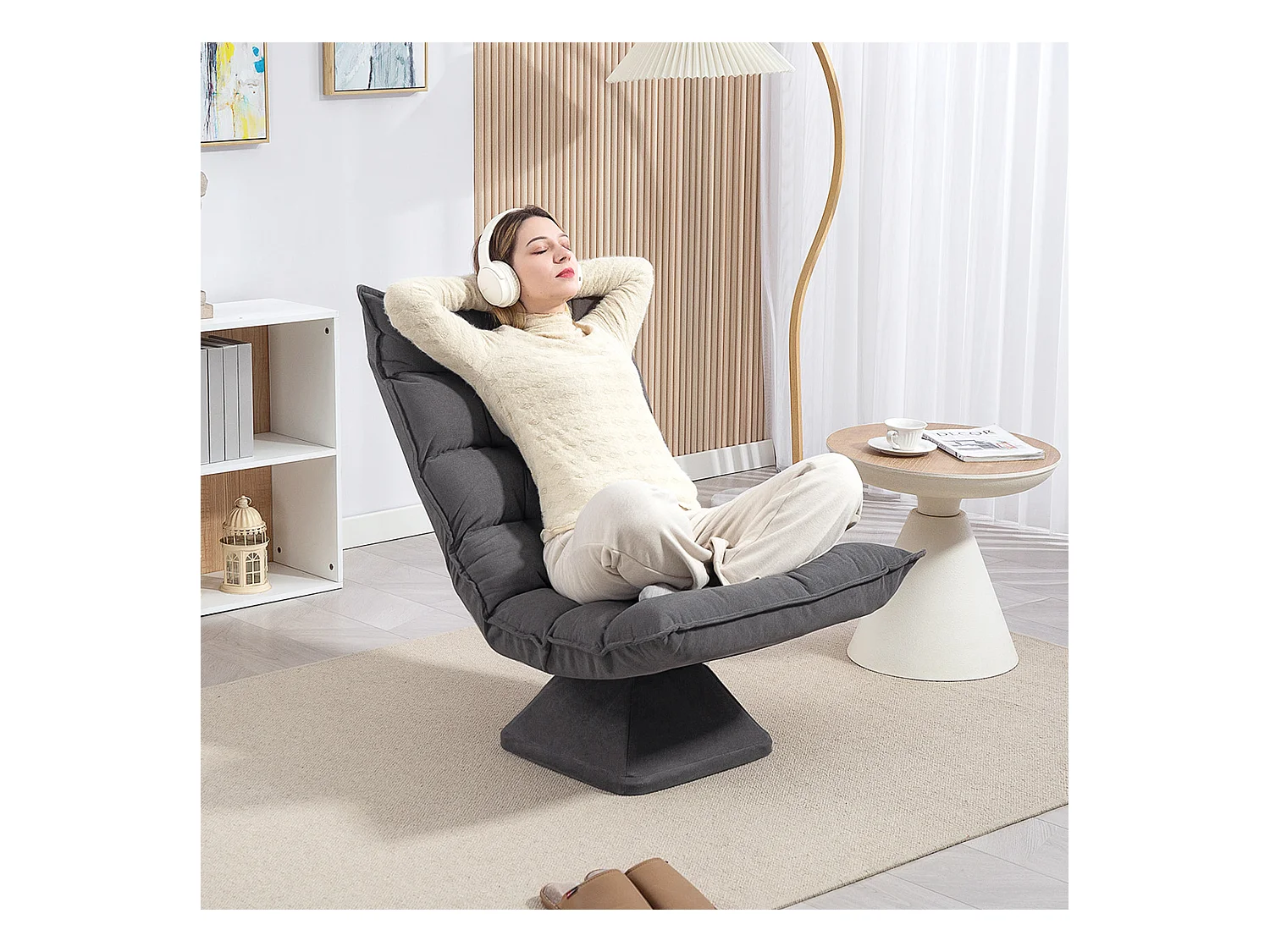 Fauteuil relax grand confort pivotant inclinaison réglable 5 niv. épais garnissage mousse haute densité tissu velours microfibre gris