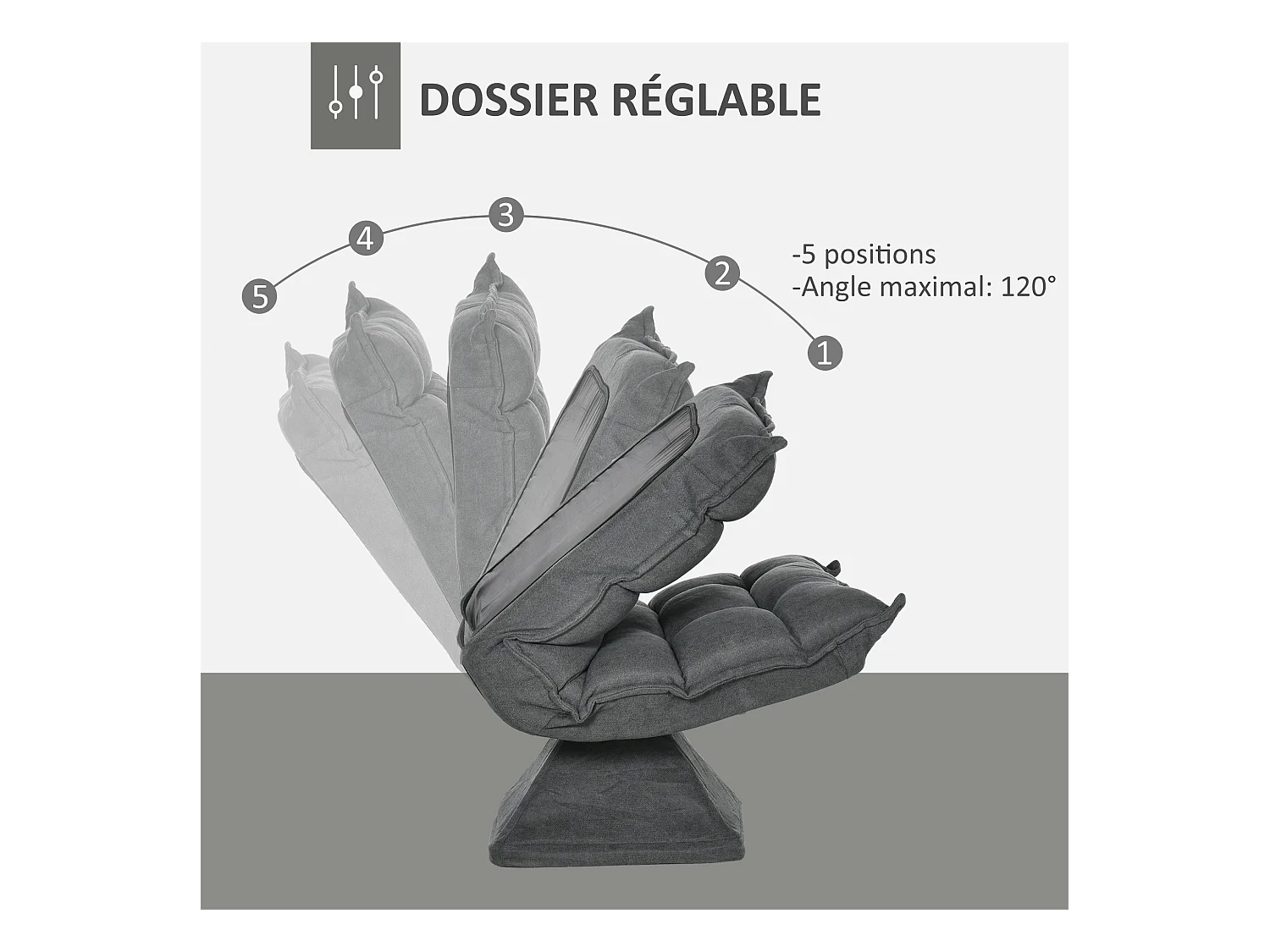 Fauteuil relax grand confort pivotant inclinaison réglable 5 niv. épais garnissage mousse haute densité tissu velours microfibre gris